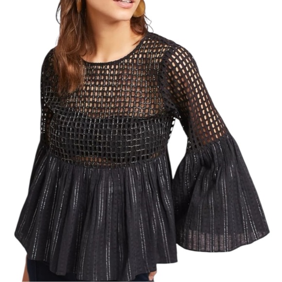 Maeve Tops - Maeve Anthropologie Alameda Beaded Bell Sleeve Peplum Blouse Size 8 Black
